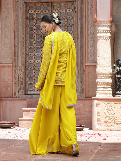 Yellow Haldi & Mehndi Special Georgette Top Palazzo Dupatta Co-Ord Set (Pre-Order)