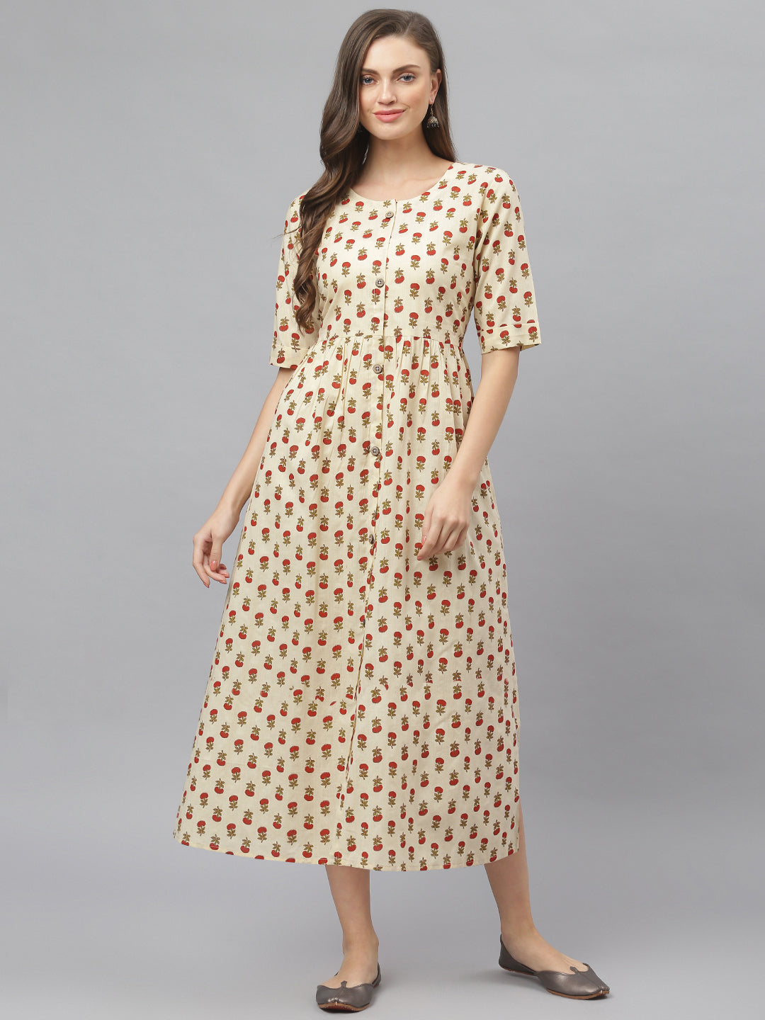 Women's Floral Printed Cotton Midi Flared Dress (Pre-Order)