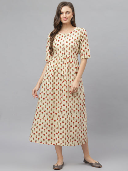 Women's Floral Printed Cotton Midi Flared Dress (Pre-Order)