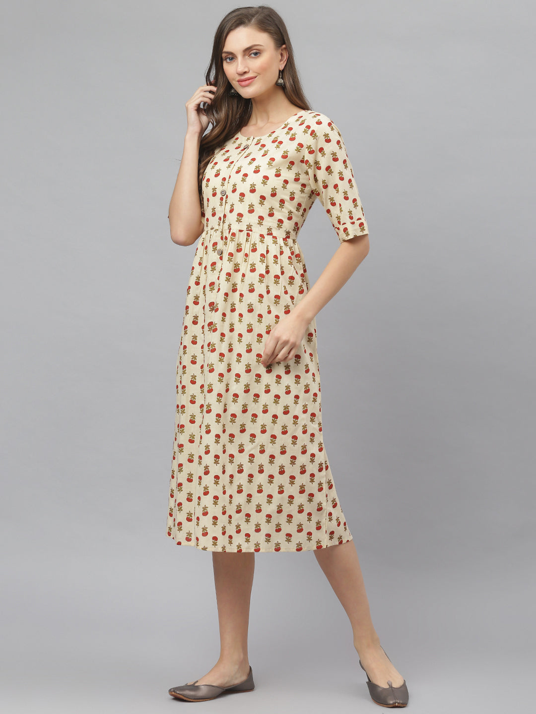 Women's Floral Printed Cotton Midi Flared Dress (Pre-Order)