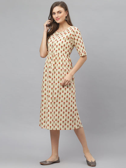 Women's Floral Printed Cotton Midi Flared Dress (Pre-Order)