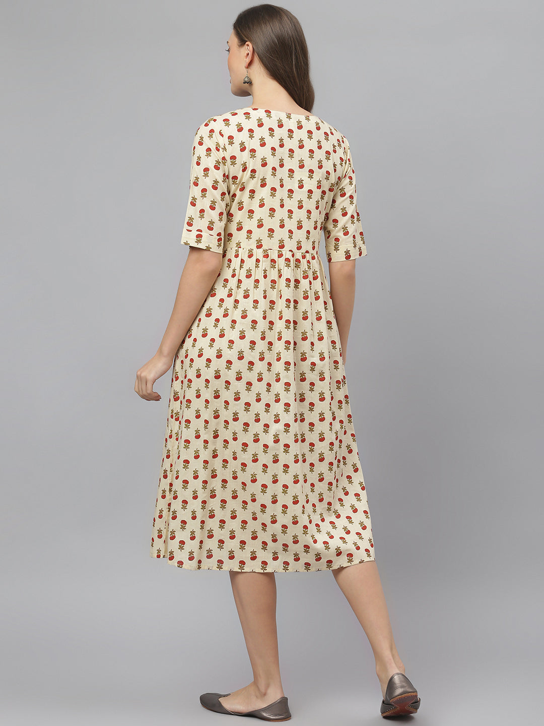 Women's Floral Printed Cotton Midi Flared Dress (Pre-Order)