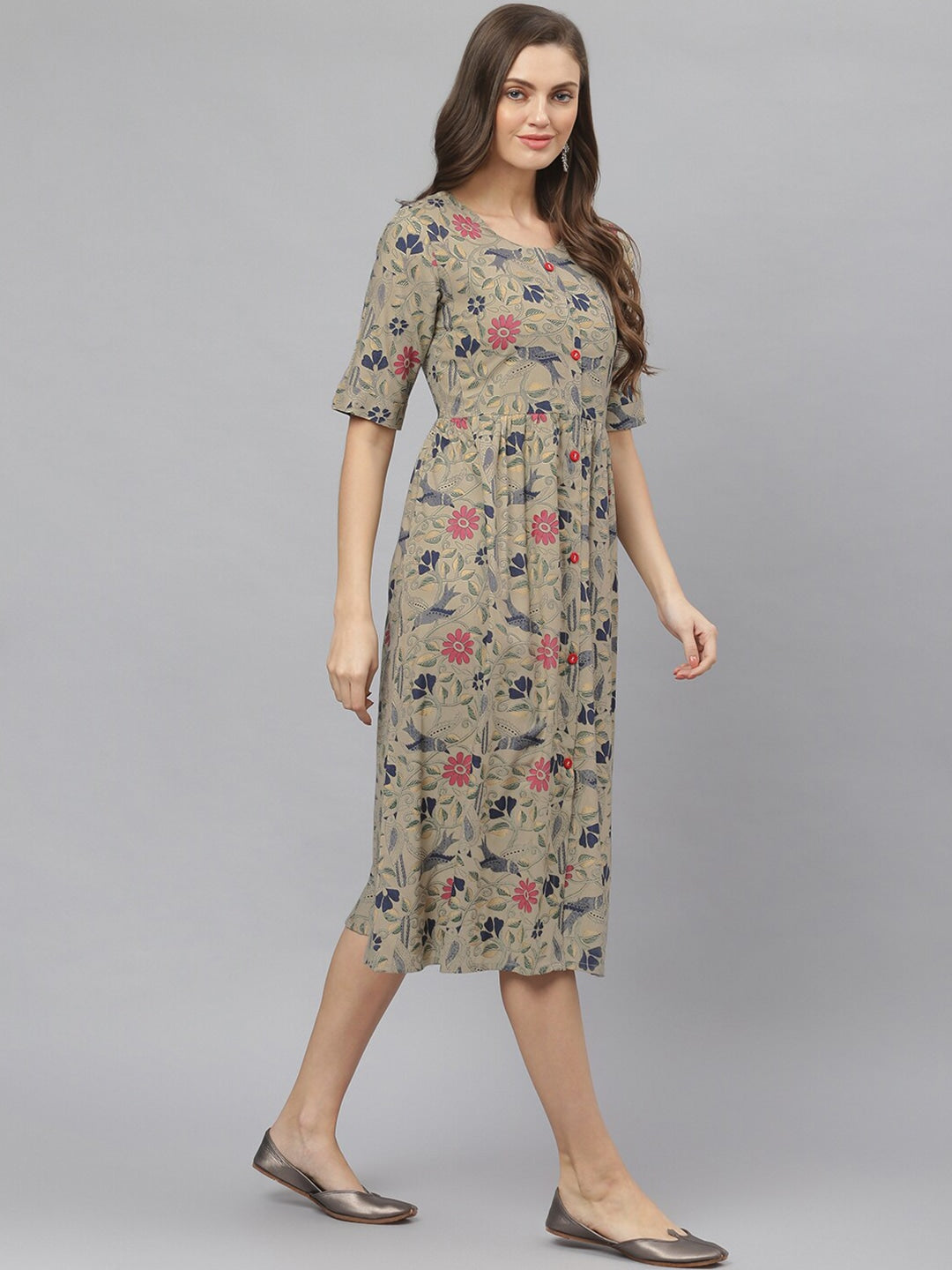Women's Floral Printed Rayon Midi Flared Dress (Pre-Order)