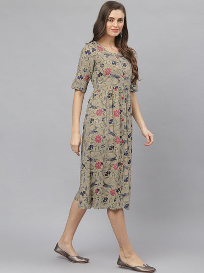 Women's Floral Printed Rayon Midi Flared Dress (Pre-Order)