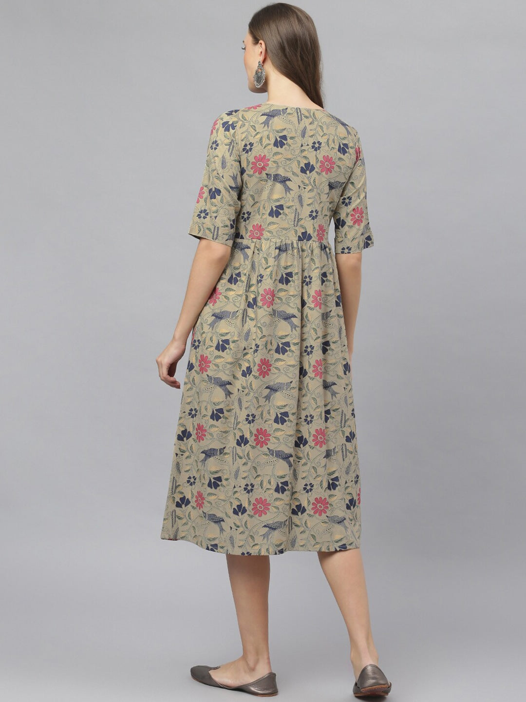 Women's Floral Printed Rayon Midi Flared Dress (Pre-Order)
