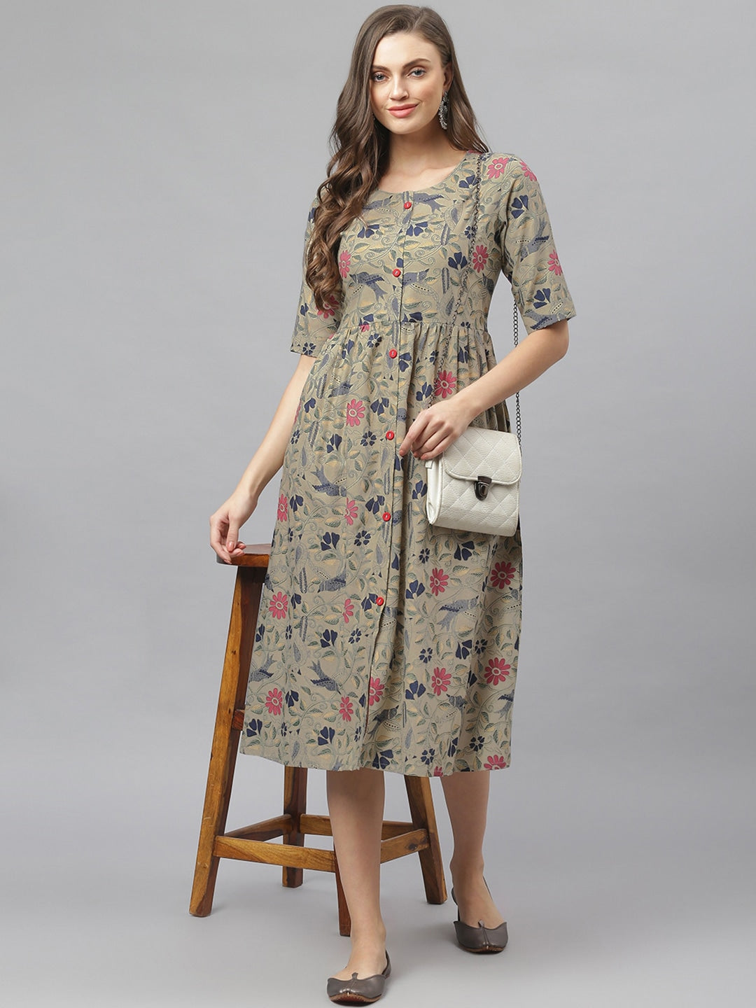 Women's Floral Printed Rayon Midi Flared Dress (Pre-Order)