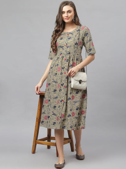 Women's Floral Printed Rayon Midi Flared Dress (Pre-Order)