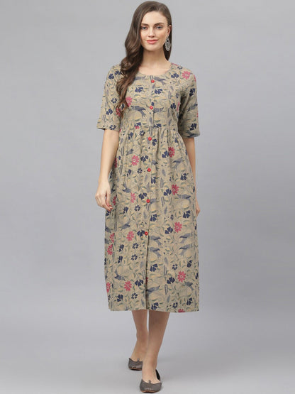 Women's Floral Printed Rayon Midi Flared Dress (Pre-Order)
