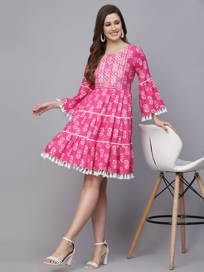 Floral Printed Rayon Flared Dress (Pre-Order)
