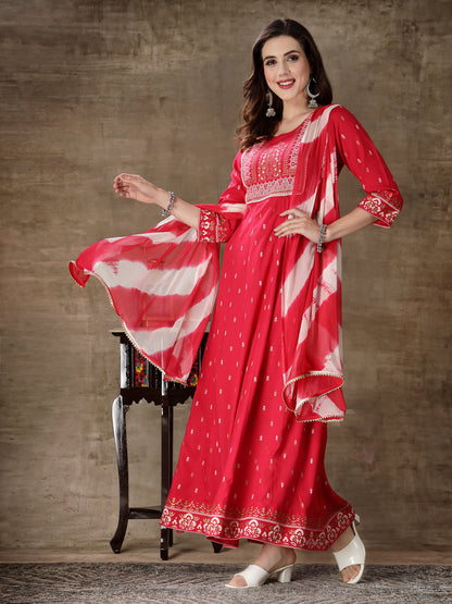 Printed Rayon Anarkali Kurta With Dupatta (Pre-Order)