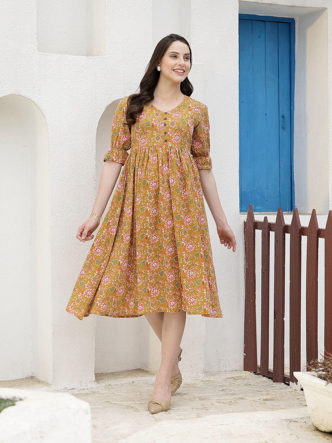 Floral Printed Cotton A-Line Midi Dress (Pre-Order)