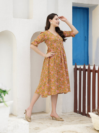 Floral Printed Cotton A-Line Midi Dress (Pre-Order)