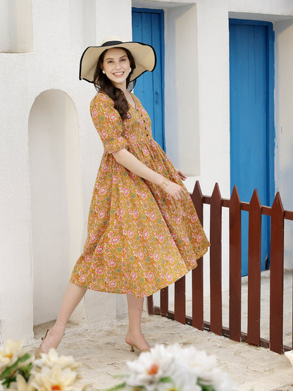 Floral Printed Cotton A-Line Midi Dress (Pre-Order)