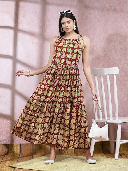 Floral Printed Cotton Long Flared Dress (Pre-Order)