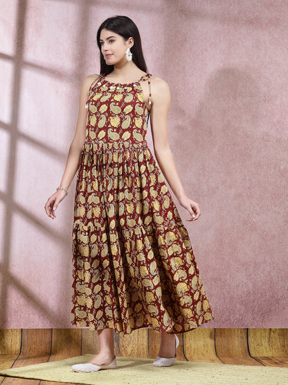 Floral Printed Cotton Long Flared Dress (Pre-Order)