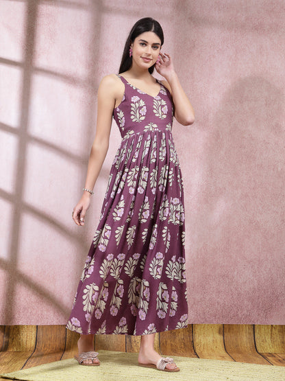 Floral Printed Rayon Long Flared Dress (Pre-Order)