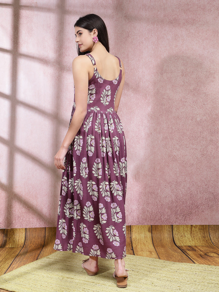 Floral Printed Rayon Long Flared Dress