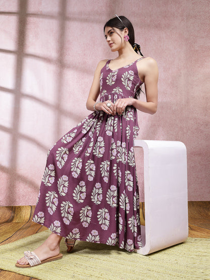 Floral Printed Rayon Long Flared Dress