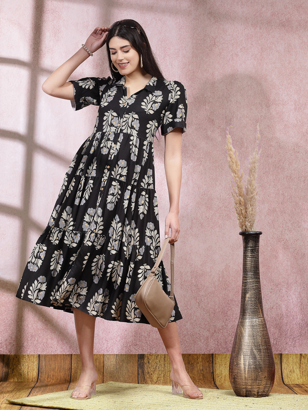 Stylum black rayon printed dress – wholesale manufacturer & exporter from India
