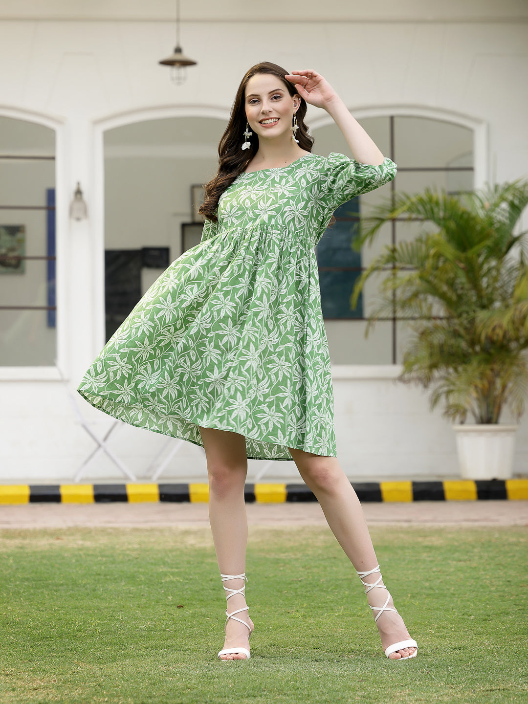 Tropical Printed Cotton Pleated A-Line Dress (Pre-Order)