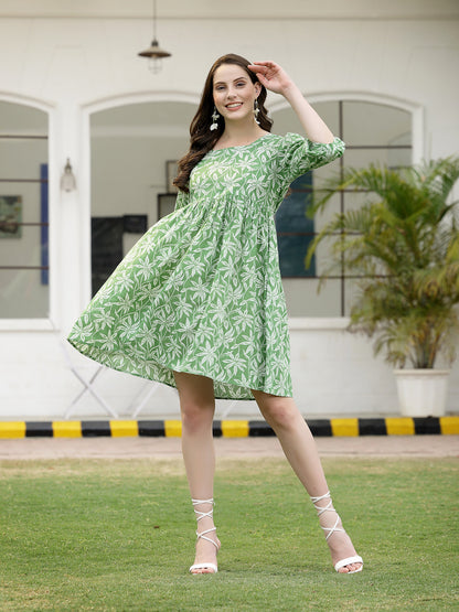 Tropical Printed Cotton Pleated A-Line Dress (Pre-Order)