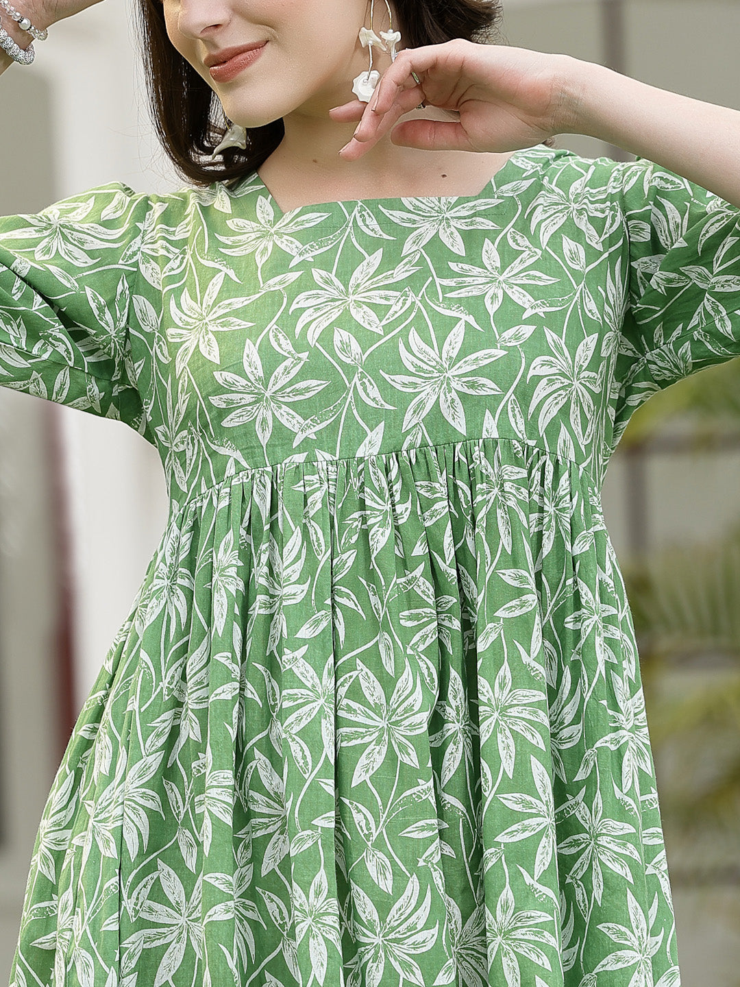 Tropical Printed Cotton Pleated A-Line Dress (Pre-Order)