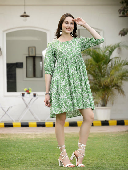 Tropical Printed Cotton Pleated A-Line Dress (Pre-Order)