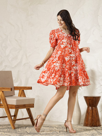 Orange Tropical Printed Cotton Flared Dress