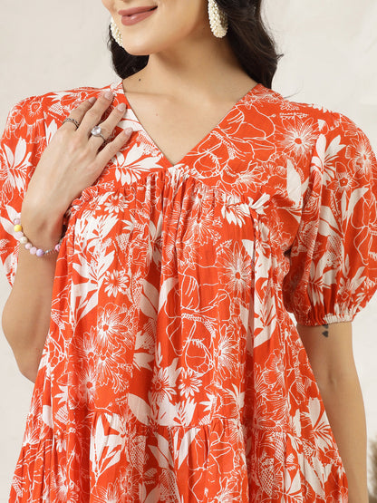 Orange Tropical Printed Cotton Flared Dress (Pre-Order)