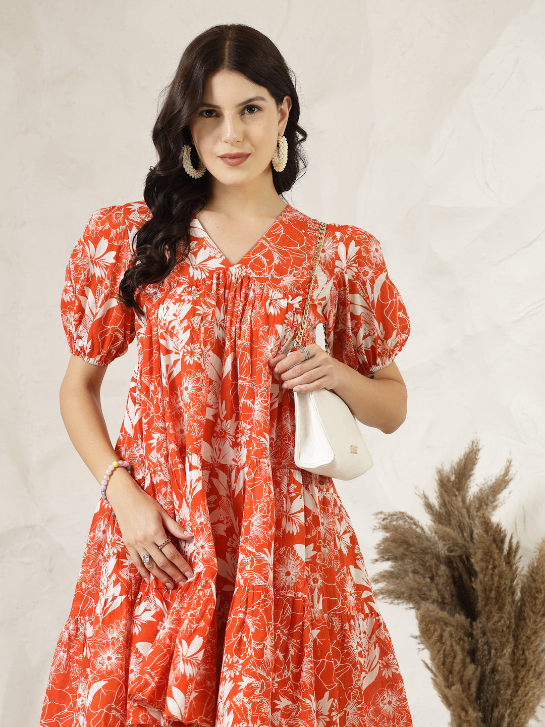Orange Tropical Printed Cotton Flared Dress (Pre-Order)