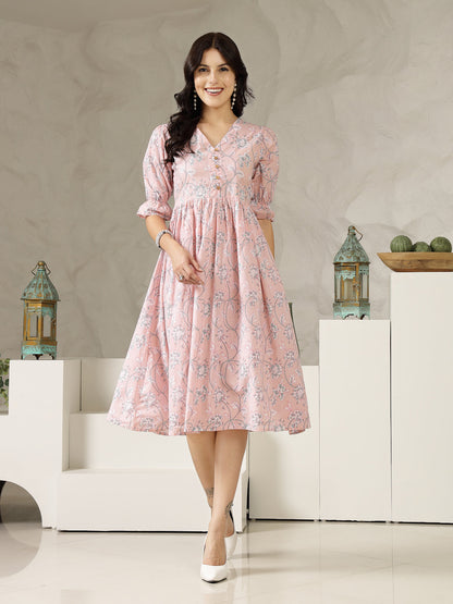 Pastel Pink Ethnic Printed Cotton Flared Dress (Pre-Order)