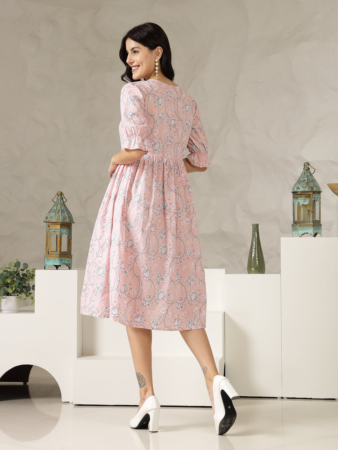 Pastel Pink Ethnic Printed Cotton Flared Dress (Pre-Order)