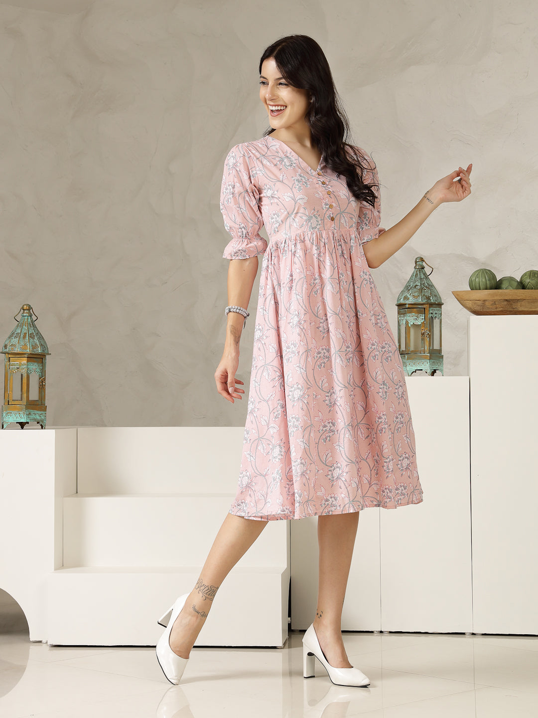 Pastel Pink Ethnic Printed Cotton Flared Dress (Pre-Order)