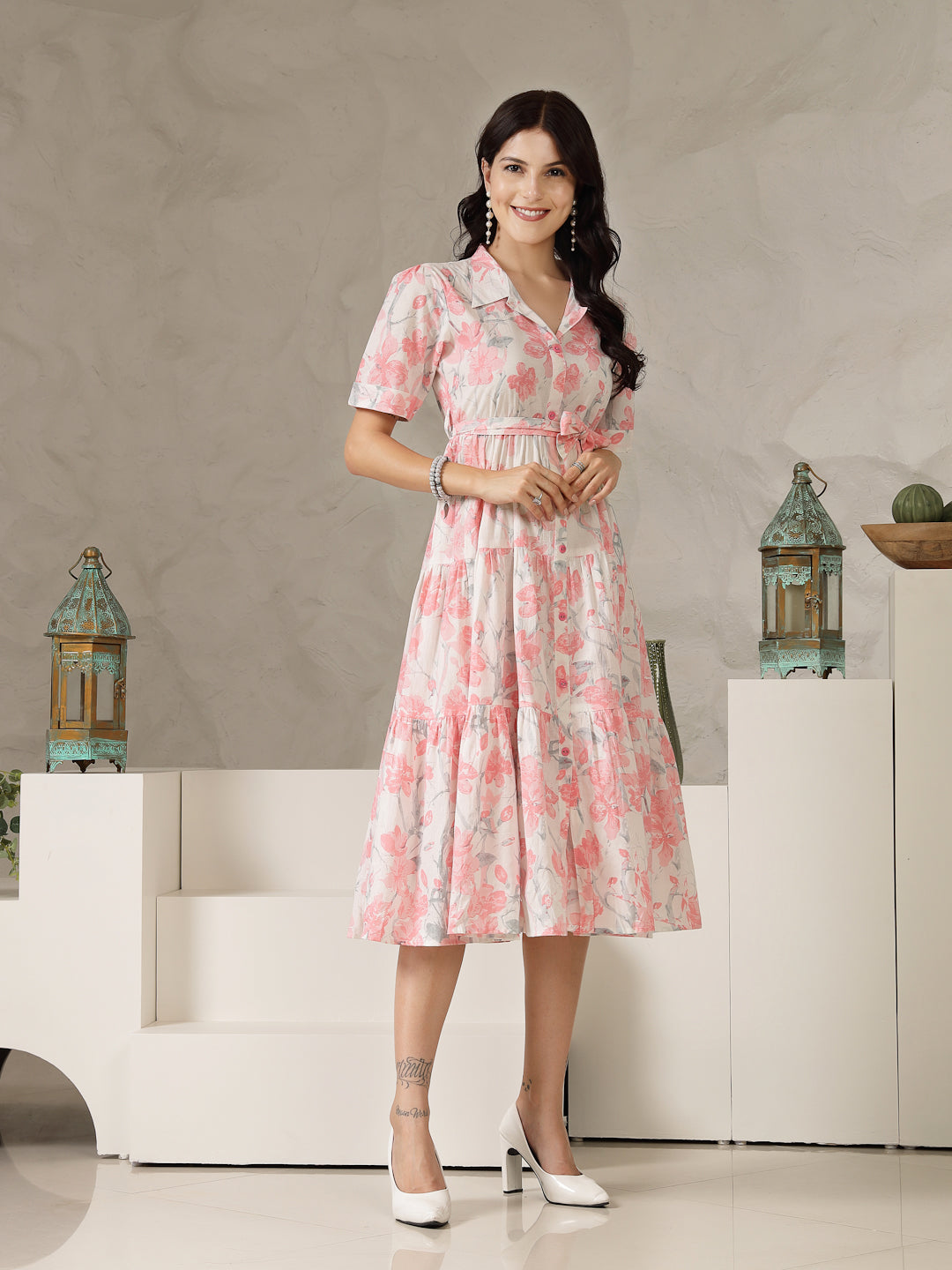 Pastel Pink Floral Printed Cotton Flared Dress (Pre-Order)