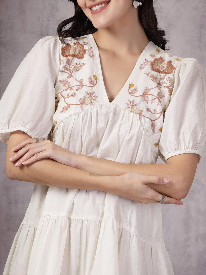Cream Solid &amp; Embroidered Cotton Flared Dress
