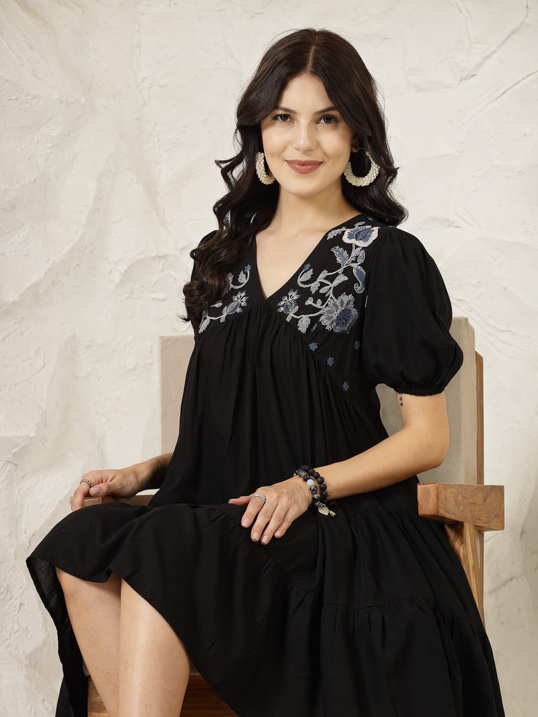 Black Solid &amp; Embroidered Rayon Flared Dress