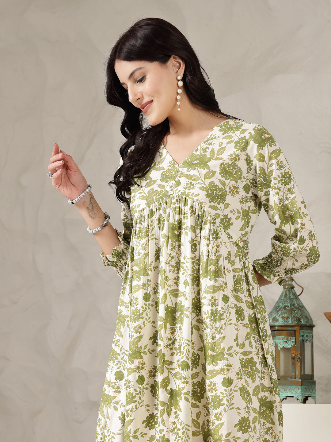 Green Floral Printed Rayon Flared Dress (Pre-Order)