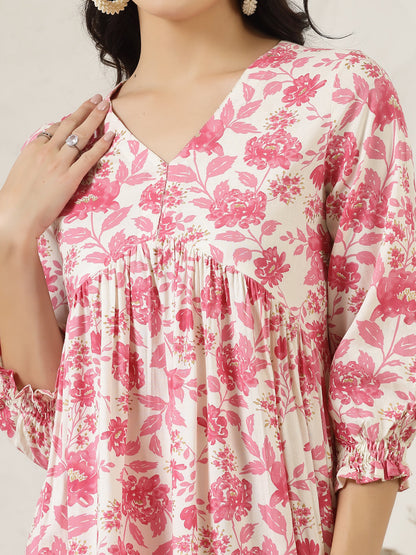 Pink Floral Printed Rayon Flared Dress (Pre-Order)
