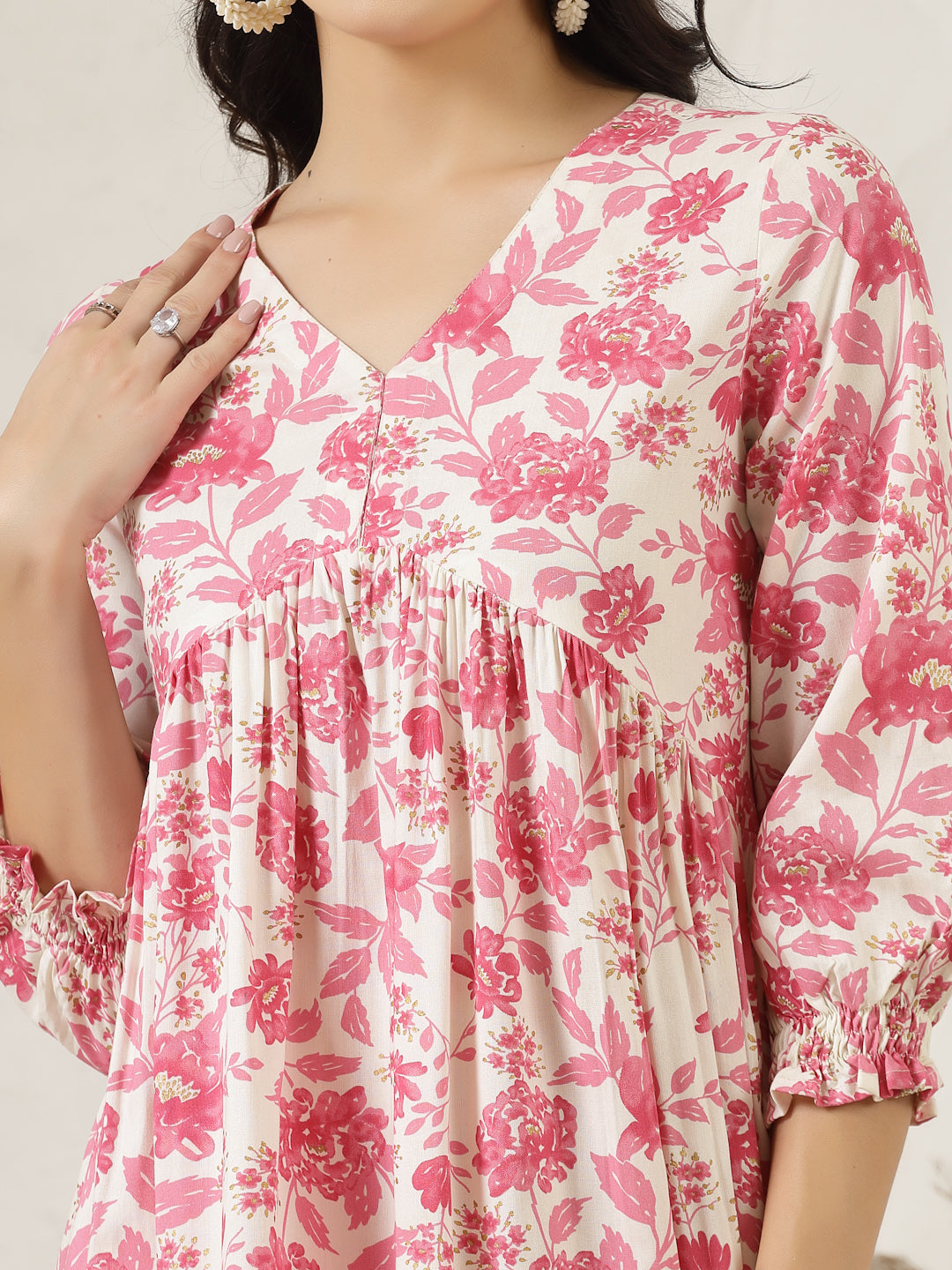 Pink Floral Printed Rayon Flared Dress