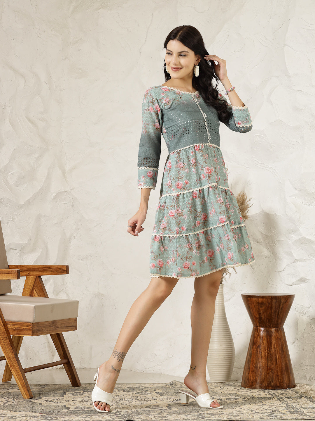 Green Floral Printed Cotton Flared Dress