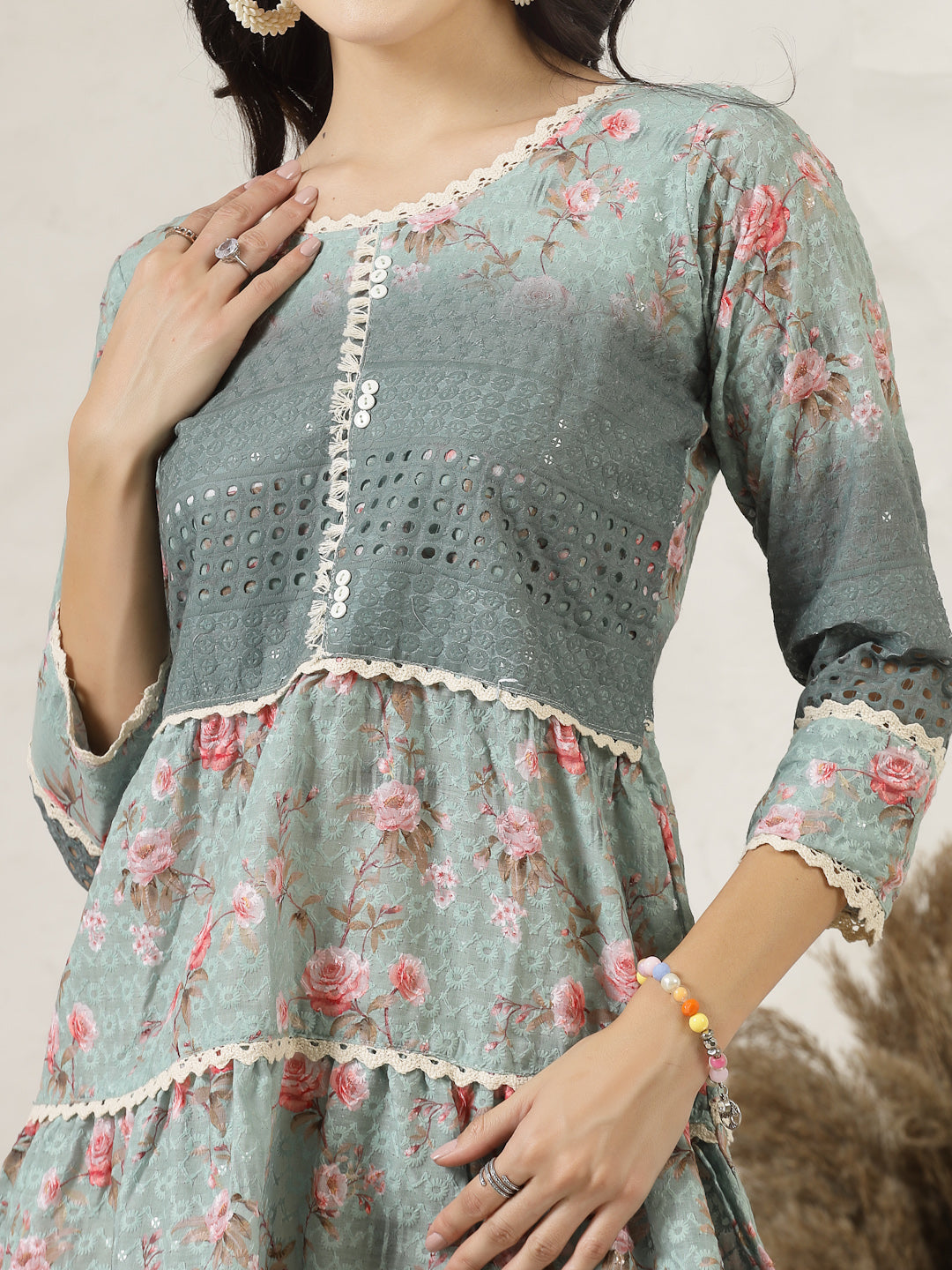 Green Floral Printed Cotton Flared Dress