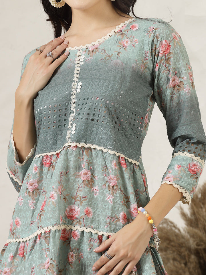 Green Floral Printed Cotton Flared Dress