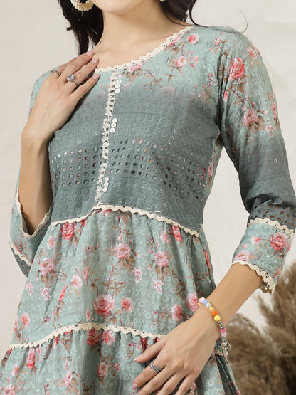 Green Floral Printed Cotton Flared Dress (Pre-Order)