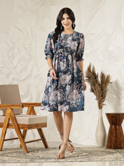 Teal Blue Floral Printed Rayon Flared Dress (Pre-Order)