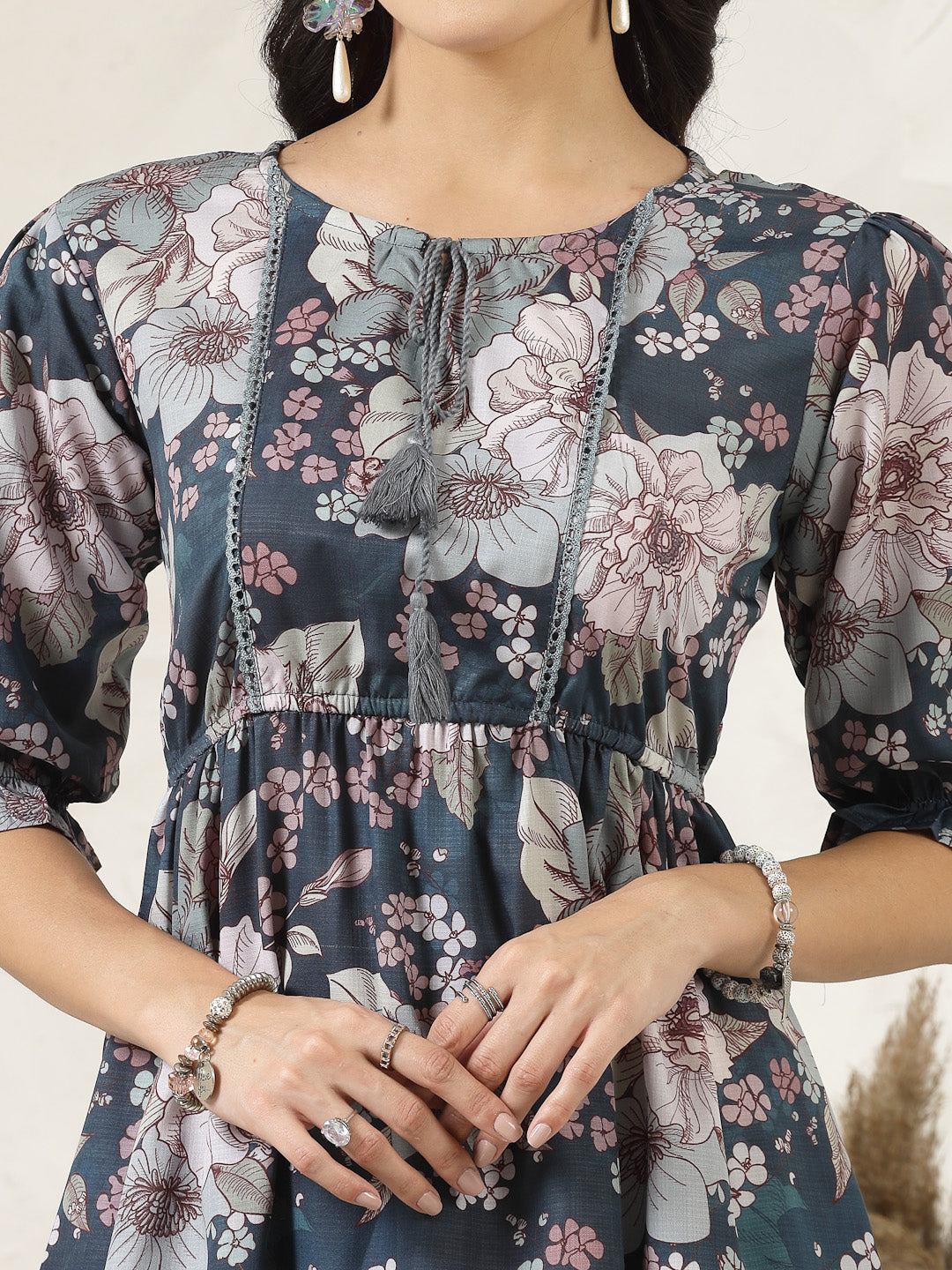 Teal Blue Floral Printed Rayon Flared Dress