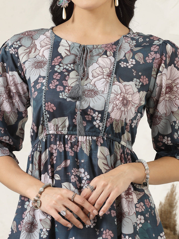 Teal Blue Floral Printed Rayon Flared Dress