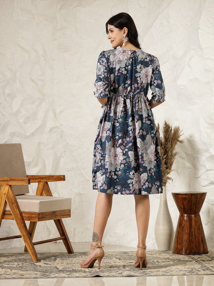 Teal Blue Floral Printed Rayon Flared Dress