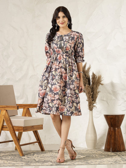 Dark Green Floral Printed Rayon Flared Dress