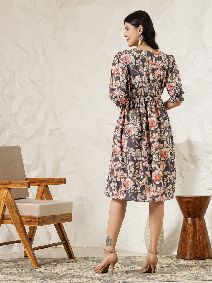 Dark Green Floral Printed Rayon Flared Dress