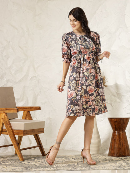 Dark Green Floral Printed Rayon Flared Dress (Pre-Order)